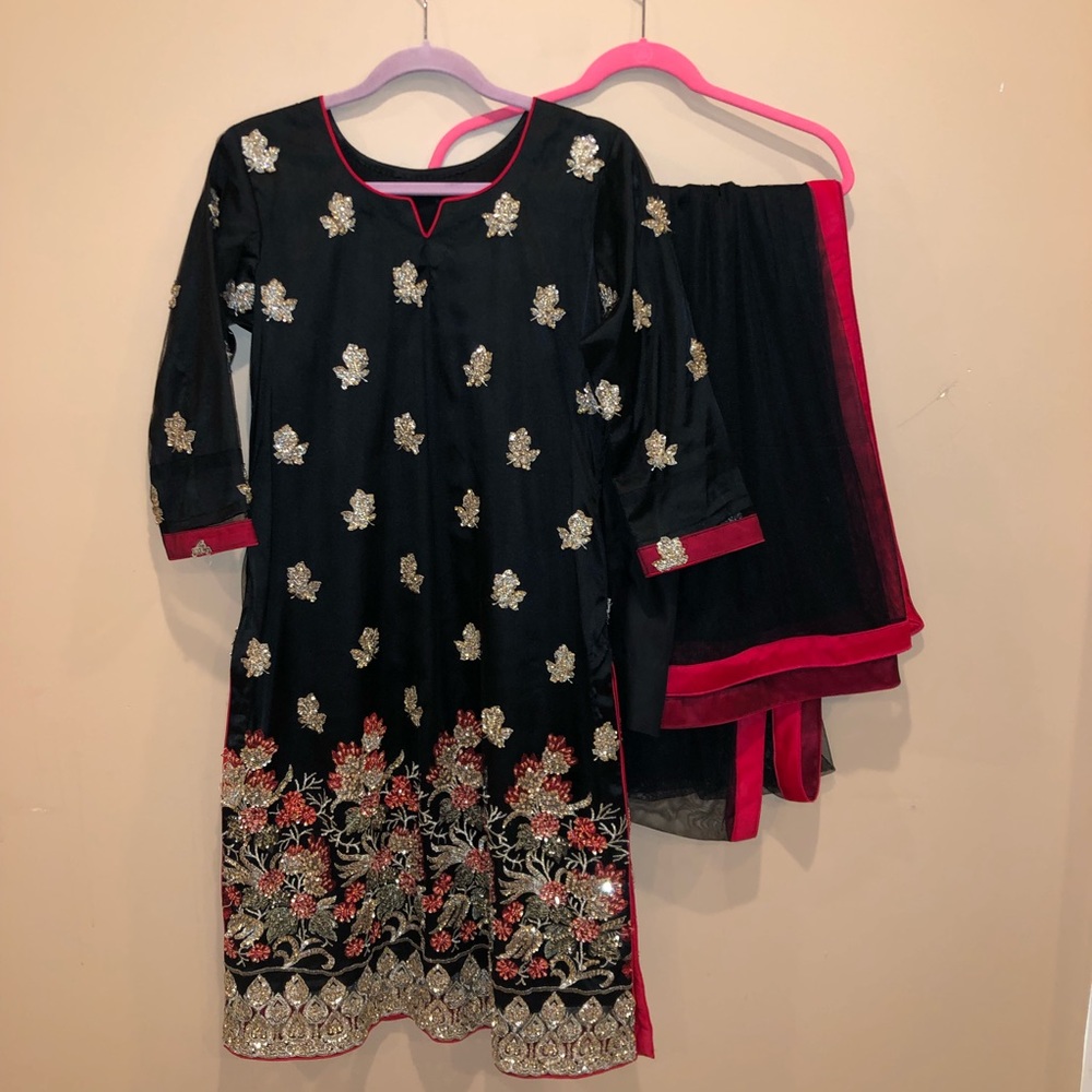 3 Piece Black Red Gold Pakistani Shalwar Kameez Dress